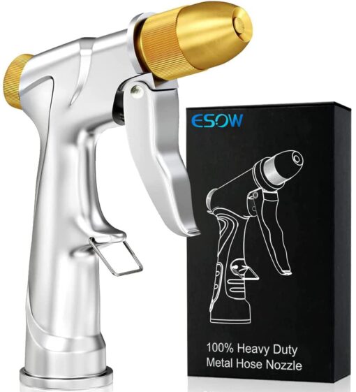 ESOW Garden Hose Nozzle, 100% Heavy Duty Metal Spray Gun with Full Brass Nozzle, 4 Watering Patterns Watering Nozzle- High Pressure Pistol Grip Sprayer for Watering Plants, Car Wash and Showering Dog Bullet Modelling Silver