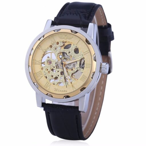 Vavna Classic Men's Leather Dial Skeleton Mechanical Sport Army Wrist Watch (Gold) (Black)