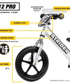 Alternative view of Strider 12” Pro Bike - No Pedal Balance Bicycle for Kids 18 Months to 5 Years - Includes Safety Pad, Padded Seat, Mini Grips, Flat-Free Tires & Number Plate - Tool Free Silver