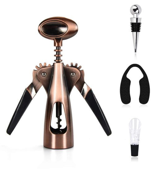 GECKOG Wing Corkscrew Wine Bottle Opener Set With beautiful box with wing corkscrew, wine pourer, foil cutter and wine stopper, gold