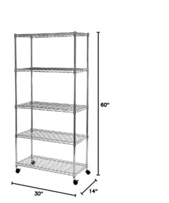 Seville Classics 5-Tier Steel Wire Shelving with Wheels, 30" W x 14" D, Chrome 5-Tier, 30" W x 14" D Silver 34 61Xkn26KgYL