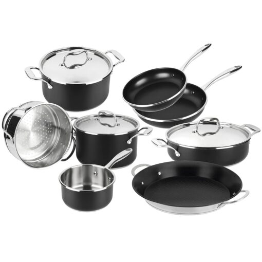 Magefesa® Prisma 11 piece cookware set, pans and pots, nonstick, made in durable & resistant stainless steel, Oven Safe up to 392°F, high-temperatura exterior coating in matte black