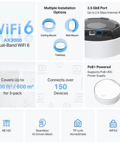 TP-Link Deco AX3000 PoE Mesh WiFi(Deco X50-PoE), Ceiling/Wall-Mountable WiFi 6 Mesh, Replacing WiFi Router, Access Point and Range Extender, PoE-Powered, 2 PoE Ports(1 x 2.5G, 1 x Gigabit), 3-Pack 3 Pack 2.5G, Ceiling/Wall Mount, PoE+/DC Powered 15 61Y0vF E2vL