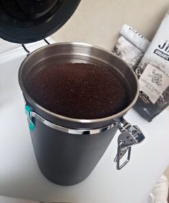 Coffee Gator Stainless Steel Canister - Large 22oz, Silver Coffee Grounds and Beans Container with Date-Tracker, CO2-Release Valve, and Measuring Scoop - Ideal Coffee Lovers Gifts for Her Gray with Green 37 61Y1 IVaSDL