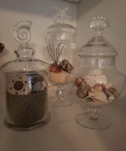 MyGift Clear Glass Apothecary Jars with Lid, Decorative Seashell Design Bathroom Canister, Footed Candy Buffet Containers, Set of 3 36 61YBA23lCjL