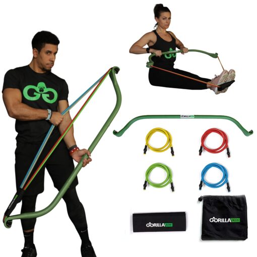 Original Gorilla Bow Portable Home Gym Resistance Bands and Bar System for Travel, Fitness, Weightlifting and Exercise Kit, Full Body Workout Equipment Set Original Bow, Green, Base Bundle