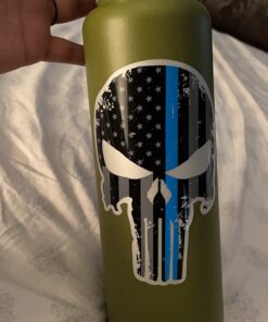 Punisher Skull 5.5 x 4 Inch Tattered Subdued US Flag Reflective Decal with Thin Blue Line Car Sticker, Helmet & Truck Accessories for Men. Support The Police with American Flag USA Bumper Sticker. 24 61YjJlhvnNL