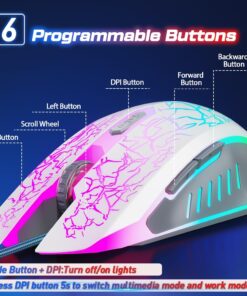 VersionTECH. Wired Gaming Mouse, Computer Mouse Ergonomic Mice with 7 LED Lights RGB Backlit, 6 Programmable Buttons, 4 Adjustable DPI for Laptop PC Gamer Desktop Chromebook Mac Games-White white 30 61YlLhm DNL