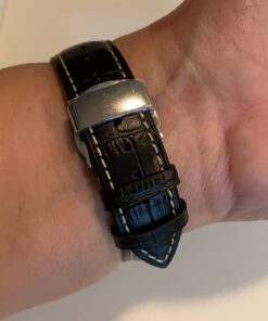 iStrap Leather Watch band -Alligator Grain Embossed Pattern Calfskin Replacement Strap-Stainless Steel Deployment Buckle with Push Buttons-Bracelet for Men Women-18mm 19mm 20mm 21mm 22mm 24mm Black/Tan Stitch-Silver 35 61YphX0bFPL