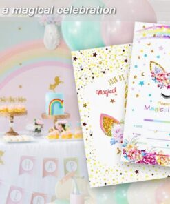 T-Antrix 24 Pcs Unicorn Invitations with 24 Envelopes, Double Sided Rainbow Glitter Unicorn Birthday Party Invitation Cards for Kids Birthday Baby Shower Unicorn Party Supplies 33 61YraTcUtvL