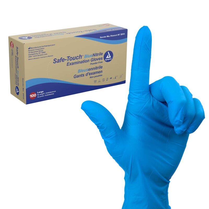 Catalog 7 Dynarex Safe-Touch Disposable Nitrile Exam Gloves, Powder-Free, Latex-Free, Touchscreen Friendly & Used by Professionals, Blue, Large, 1 Box of 100 Safe-Touch Disposable Nitrile Exam Gloves 100 Count (Pack of 1)