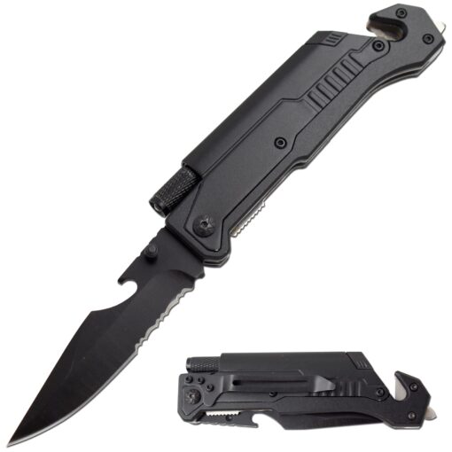 Snake Eye Tactical Tactical 6-in-1 Multi-tool Knife with Flint Fire Starter, LED Light, Bottle Opener, Belt Cutter and Windows Breaker BK-4