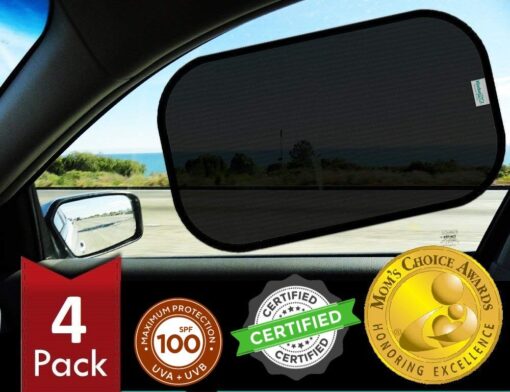 kinder Fluff Car Window Shade (4Pack)-The Only Certified Car Window Sun Shade for Baby Proven to Block 99.95% UVR - Mom's Choice Gold Award Winning - Car Seat Sun Protection 20x12in (51x31cm) 2 Semi Transparent + 2 Transparent