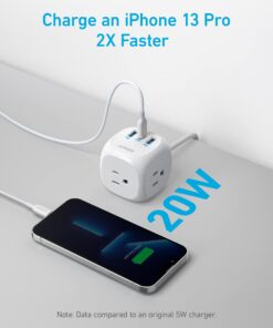 Anker 20W USB C Power Strip, 321 Power Strip with 3 Outlets and USB C Charging for iPhone 15/15 Plus/15 Pro/15 Pro Max, 5 ft Extension Cord, Power Delivery Charging for Dorm Rooms,Home Office 5ft White 19 61ZFC65tfWL