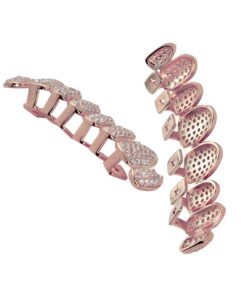 TSANLY Gold Grillz Iced Out CZ Diamond Top & Bottom Set Grill 24K Gold Plated Macro Pave Teeth Grills - Extra Molding Bars Included + Storage Case + Microfiber Cloth Rose Gold 13 61ZGJPMGNTL
