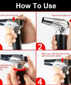 Blow Torch, Professional Kitchen Cooking Torch with Lock Adjustable Flame Refillable Mini Blow Torch Lighter for BBQ, Baking, Brulee Creme, Crafts and Soldering(Butane Gas Not Included) Silver+black 27 61ZUjpkxg6L