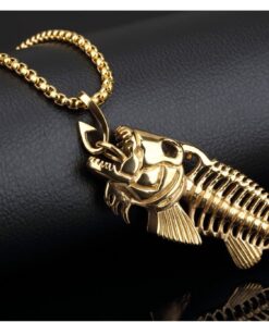 LOHOME Men's Fashion Necklaces Titanium Steel Steering Fishing Fish Bones Necklace for Men Gold Tone 11 61ZjpkBDnzL