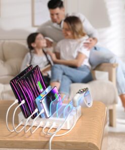 SooPii Premium 6-Port USB Charging Station Organizer for Multiple Devices, 6 Short Charging Cables and One Upgraded i-Watch Charger Holder Included, for Phones, Tablets, and Other Electronics, White 32 61ZmIKaNU9L