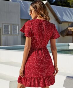 Alternative view of Naggoo Women's Summer Wrap V Neck Polka Dot Print Ruffle Short Sleeve Mini Floral Dress with Belt Small 01 Red Polka Dot