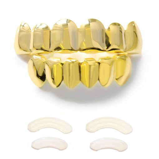 TSANLY Gold Grillz 6 Teeth Mouth 24K Plated Gold Top & Bottom Grills Caps Set for Son + Extra Molding Bars + Microfiber Cloth