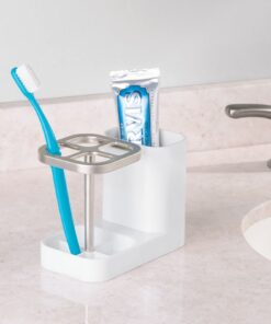 mDesign Plastic Toothbrush Storage Organizer Holder with Cup for Bathroom, Vanity, Countertop Space - Holds Brushes, Toothpaste, Floss, Dental Accessories - White/Satin 20 61Zw9eRfh7L
