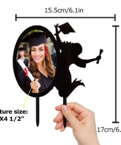 Congrats Grad 2023 Cake Toppers - Black Acrylic With Photo Frame Cake Topper - Class OF 2023 College Graduate Party Supplies - Chic Insert Silhouette A Girl Cheers To Graduate Decorations 13 61ZwKCJ34AL