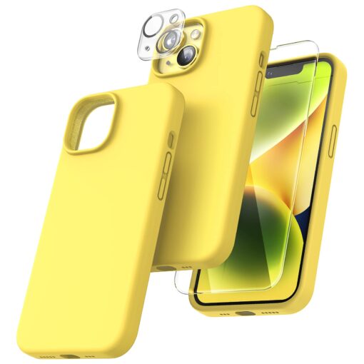 TOCOL 5 in 1 for iPhone 14 Case, with 2 Pack Screen Protector + 2 Pack Camera Lens Protector, Liquid Silicone Phone Case for iPhone 14, Yellow for iPhone 14 6.1"