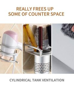 Cavoli Hair Blow Dryer Holder Wall Mounted,Space Aluminum, Nail free glue/Drilling screw, Bathroom Hanging Rack Organizer with 2 Cups double-cup 21 61aB7eMIpbL