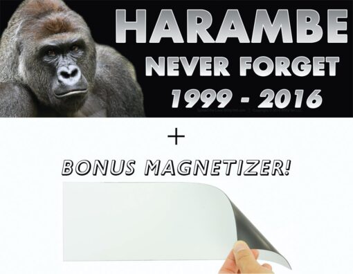 Harambe: Never Forget 1999-2016 Memorial Bumper Sticker & Free Magnetizer. He Died For Our Sins. RIP in Peace You Glorious Gorilla. Honor Our Lord & Savior with a Durable Vinyl Window & Laptop Decal.