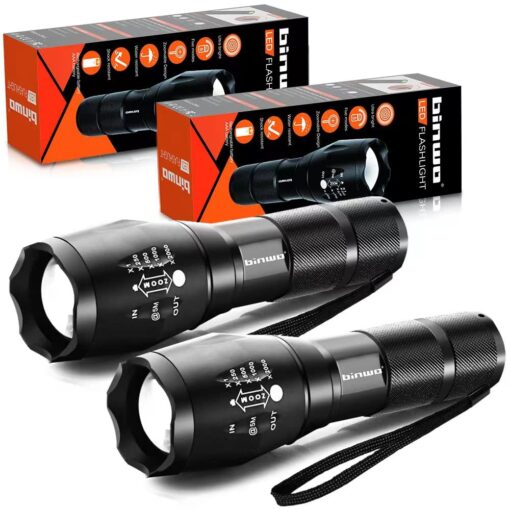 BINWO Flashlight 2pack 3000 Lumens, Tactical Flashlights Small Flashlight Powerful Waterproof Flashlights Pocket Flashlight Zoomable LED Flashlight with 5 Modes, Camping Accessories, Hiking Gear 2 Pcs