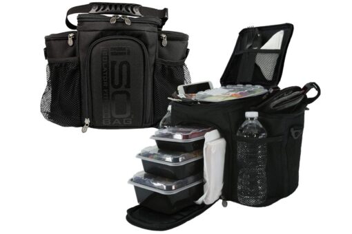 Meal Prep Bag ISOBAG 3 Meal Insulated Lunch Bag Cooler with 6 Stackable Meal Prep Containers, 2 Ice Pack ISOBRICKS, and Shoulder Strap - MADE IN USA (Blackout) 3 Meal Isobag Blackout