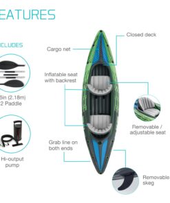 INTEX Challenger Inflatable Kayak Series: Includes Deluxe 86in Aluminum Oar and High-Output Pump – SuperStrong PVC – Adjustable Seat with Backrest – Removable Skeg – Cargo Storage Net green/blue 2-person 27 61aZfN5uML