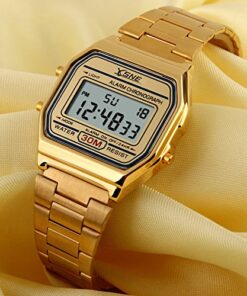Digital Sports Watch Men's Women Water Resistant Outdoor Stainless Steel Band Electronic Square LED Back Light Wristwatch Gold 1123 20 61abp ycAPL