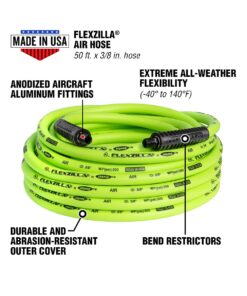 Flexzilla Air Hose, 3/8 in. x 50 ft., 1/4 in. MNPT Fittings, Heavy Duty, Lightweight, Hybrid, ZillaGreen - HFZ3850YW2 Flexzilla 3/8" (inches) x 50' (feet) Coupler and Plug 17 61agvnntrEL