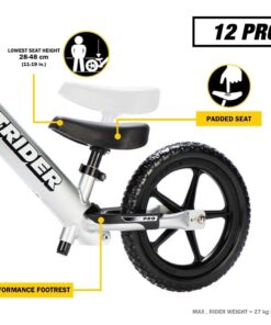 Strider 12” Pro Bike - No Pedal Balance Bicycle for Kids 18 Months to 5 Years - Includes Safety Pad, Padded Seat, Mini Grips, Flat-Free Tires & Number Plate - Tool Free Silver 17 61anGHKZVRL