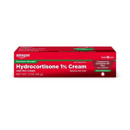 Amazon Basic Care Maximum Strength Hydrocortisone 1 Percent Anti-Itch Cream Plus 10 Moisturizers, Itch Relief Due to Eczema, Psoriasis, Poison Ivy, Bug Bites and More, 2 Ounce (Pack of 1) 2 Oz Cream