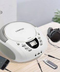 LONPOO CD Player Portable Boombox with FM Radio/USB/Bluetooth/AUX Input and Earphone Jack Output, Stereo Sound Speaker & Audio Player,White White 12 61avRRoA17L