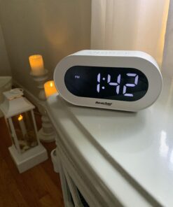 REACHER Small LED Digital Alarm Clock with Snooze, Simple to Operate, Full Range Brightness Dimmer, Adjustable Alarm Volume, Outlet Powered Compact Clock for Bedrooms, Bedside, Desk, Shelf(White) White Digit 28 61bgLnE9E1L