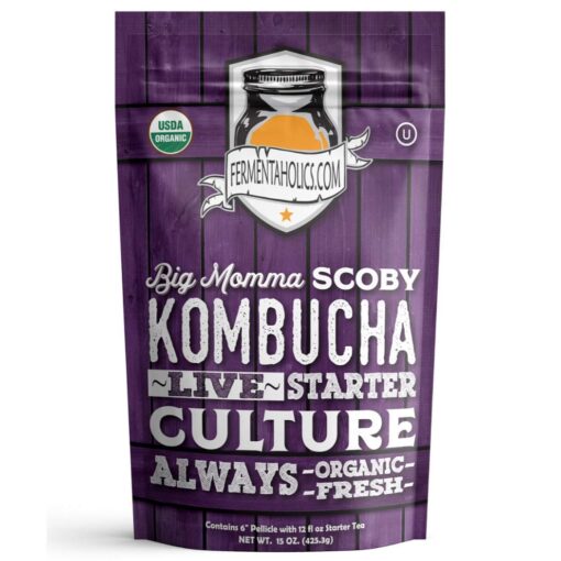 Fermentaholics BIG MOMMA Kombucha SCOBY With Twelve Ounces of Starter Tea - Live Kombucha Starter Culture | Extra Large 6" Pellicle | Makes A One Gallon Batch | 1.5 Cups of Strong Mature Starter Tea