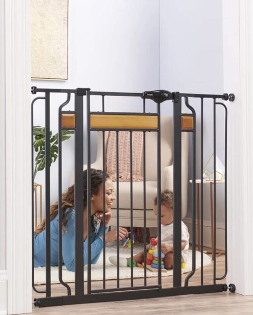 Regalo Home Accents Extra Tall & Wide Baby Gate, Bonus Kit, Includes Décor Steel With Hardwood, 4" Extension Kit, 4 Pack Pressure Mount Kit & Wall Cups 37 Inch Tall