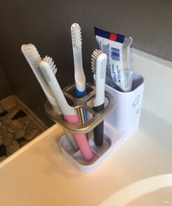 mDesign Plastic Toothbrush Storage Organizer Holder with Cup for Bathroom, Vanity, Countertop Space - Holds Brushes, Toothpaste, Floss, Dental Accessories - White/Satin 26 61bwnR5xscL