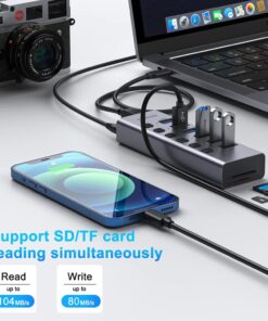 Powered USB Hub, 8-Port USB Hub 3.0 with SD/TF Card Readers, USB 3.0 Port Hub with Individual On/Off Switches and 5V/4A Power Adapter, USB C Hub Splitter for Laptop 8 IN 1 16 61c0rJRqe7L