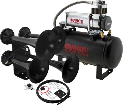 Vixen Horns Train Horn Kit for Trucks/Car/Semi. Complete Onboard System- 150psi Air Compressor, 2 Gallon Tank, 4 Trumpets. Super Loud dB. Fits Vehicles like Pickup/Jeep/RV/SUV 12v VXO8560/4318B