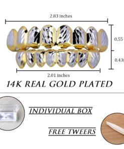 TOPGRILLZ Grills for Your Teeth Hip Hop 8 Teeth Gold Grillz for Men Women Top Bottom Fang 18K Gold Plated Rugged Rapper Costume gold&silver 16 61cUWClE8bL