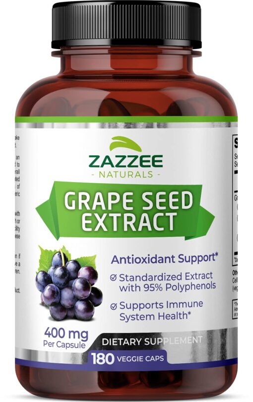 Zazzee High Strength Grape Seed 50:1 Extract, 20,000 mg Strength, 180 Vegan Capsules, 95% Polyphenols, 6 Month Supply, Concentrated, Standardized 50X Extract, 400 mg per Capsule, Non-GMO, All-Natural