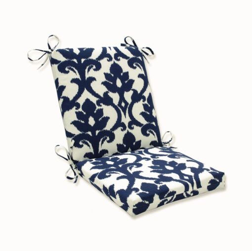 Pillow Perfect Damask Indoor/Outdoor Solid Back 1 Piece Square Corner Chair Cushion with Ties, Deep Seat, Weather, and Fade Resistant, 36.5" x 18", Blue/White Basalto, 1 Count 36.5" x 18"