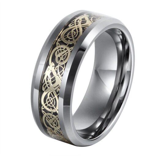 L-Ring 8MM Men's Tungsten Wedding Ring Gold Plated Celtic Dragon Inlay Polished Beveled Edge, Size 7-14