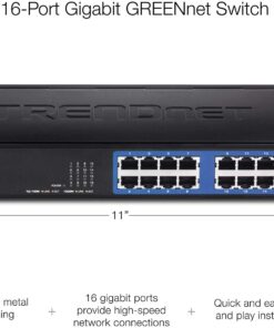 TRENDnet - TEG-S16DG 16-Port Unmanaged Gigabit GREENnet Desktop Metal Switch, TEG-S16DG, Ethernet Splitter, Ethernet/Network Switch, 16 x 10/100/1000 RJ-45 Ports, 32 Gbps Forwarding Capacity, Lifetime Protection Black Version 1.0 14 61dAe2IMOuL