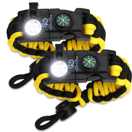 Nexfinity One Survival Paracord Bracelet - Tactical Emergency Gear Kit with SOS LED Light, 550 Grade, Adjustable, Multitools, Fire Starter, Compass, and Whistle - Set of 2 Yellow