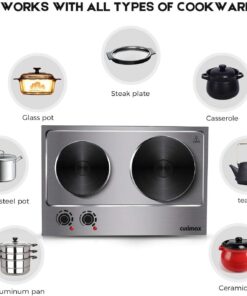 CUSIMAX 1800W Double Hot Plate, Stainless Steel Silver Countertop Burner Portable Electric Double Burners Electric Cast Iron Hot Plates Cooktop, Easy to Clean, Upgraded Version C180N Double Burner 17 61dtuHMRnHL
